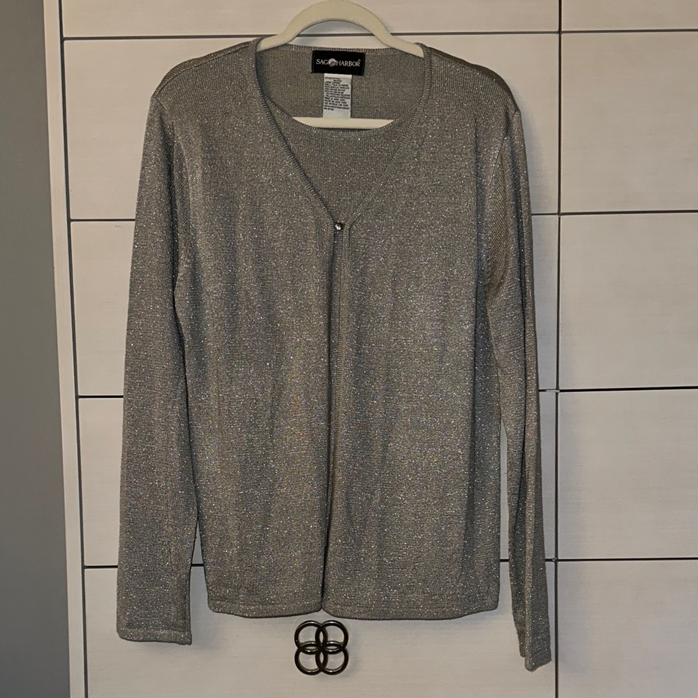Sag Harbor Sparkly Silver Cardigan | Size L | Holiday Party Layer |